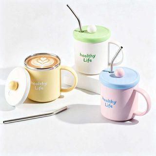 304 스테인리스 어린이 캐릭터 이중 머그컵 450ml 뚜껑 빨대 손잡이 물컵