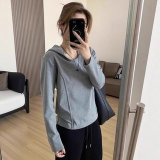 가을 여성 후드 V넥 루즈핏 허리 슬림 긴팔 티셔츠 이너 데일리 상의