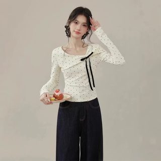 여성 도트 긴팔 티셔츠 가을겨울 슬림핏 브이넥 트렌디 데일리 상의