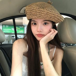 여성 수공예 오픈 니트 베레모 여름 종이밀짚 무챙 화가모자 56~58cm