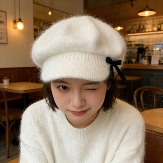 여성 토끼털 니트 베레모 리본 포인트 가을 겨울 방한 팔각모 화이트