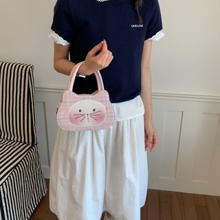 여성 고양이 미니 크로스백 핑크 도트 체크 PU 숄더 토트백