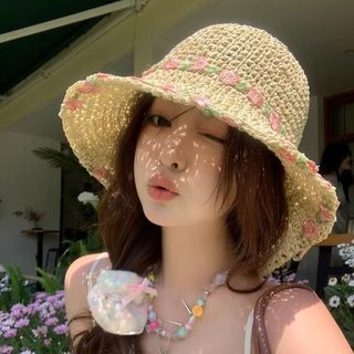 여성 꽃 장식 라피아 밀짚모자 여름 바캉스 해변 자외선 차단 접이식 썬캡