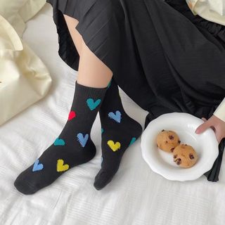 여성 컬러 하트 중목 양말 사계절 흡한 데일리 캐주얼 삭스