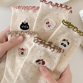 여성 캐릭터 동물무늬 중목 양말 물결 프릴 리본 봄여름 데일리 양말
