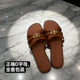 여성 가죽 메탈 버클 원형 토 일자형 플랫 샌들 여름 캐주얼 비치 슬리퍼