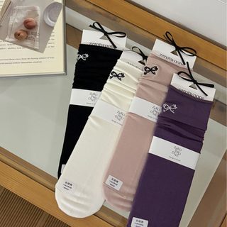 여성 중목 양말 면혼방 리본 자수 롤업 양말 35-39 귀여운 데일리 양말