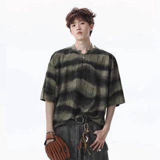 남성 오버핏 스트라이프 반팔 티셔츠 미국 빈티지 스크래치 디자인 여름 라운드티