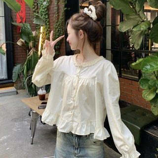 가을 여성 레이스 프릴 긴팔 블라우스 짧은 기장 러블리 퍼프소매 루즈핏 상의