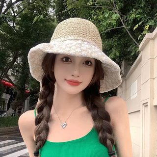 레이스 리본 여성 밀짚모자 여름 자외선차단 넓은챙 야외 해변용