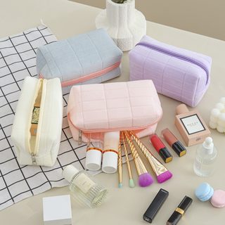 체크무늬 벨벳 화장품 파우치 대용량 필통 겸용 휴대용 수납가방 18cm