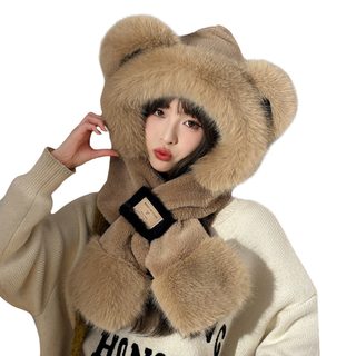 귀여운 곰모자 목도리 일체형 보온 겨울 귀덮개 방한모 여성용 뽀글이 퍼 캡