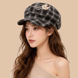 체크 패턴 팔각 베레모 여자 가을겨울 대두 캡 모자 조절식 빈티지 뉴스보이 캡