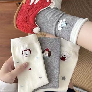 여성 강아지 캐릭터 중목 양말 코튼 사계절 루즈핏 학생 패션 삭스