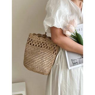 프렌치 페이퍼 스트로 버킷백 여성 숄더백 펀칭 레이스 비치 휴양지 가방