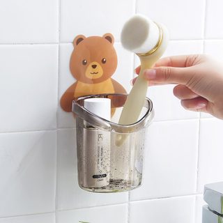 카툰 곰돌이 무타공 벽걸이 칫솔꽂이 욕실 치약 양치컵 수납 거치대