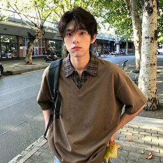 남성 여름 체크 카라 반팔 티셔츠 루즈핏 페이크 레이어드 빈티지 폴로셔츠