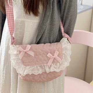 핑크 체크 하트 퀼팅 크로스백 여성 데일리 레이스 수납 숄더백