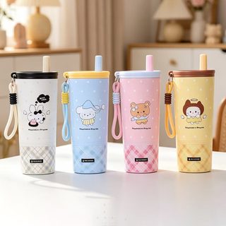 카툰 과일차 빨대 텀블러 601-700ml 304 스테인리스 보온 물병 차망 스트랩 포함