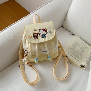 귀여운 고양이 자수 미니 백팩 여성용 옐로 체크 플랩 데일리 가방