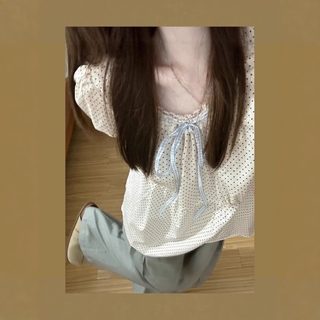 여성 도트 블라우스 퍼프소매 반팔 여름 프렌치 러블리 루즈핏 상의