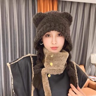 여성 겨울 곰돌이 니트 귀달이 털모자 끈 조절 보온 방풍 프리사이즈