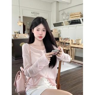 여성 핑크 자외선 차단 가디건 여름 루즈핏 백리스 리본 긴팔 커버업