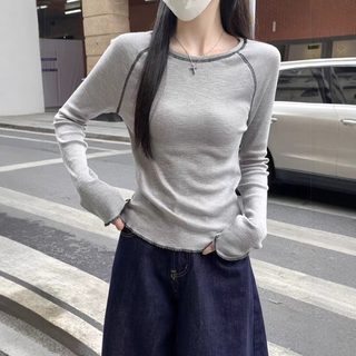 여성 라운드넥 래글런 긴팔 티셔츠 레이어드 이너 슬림핏 통근용 2025 봄
