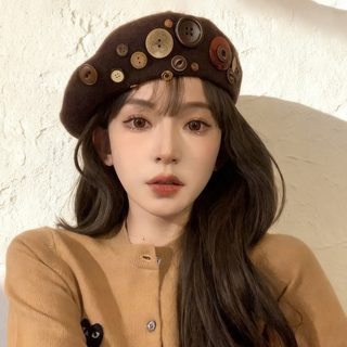 여성 울 베레모 가을 겨울 방한 니트 화가모자 단추 포인트 복고풍 무챙모자