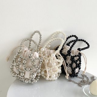 아크릴 비즈 미니 크로스백 여성 손뜨개 숄더 체인 백 캔버스 미니 사각백