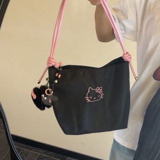 키티 자수 숄더백 크로스백 겸용 대용량 토트백 데일리 통근 가방 블랙핑크