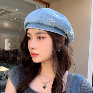 여성 데님 베레모 56-58cm 사계절 빈티지 화가모자 접이식 조절 가능