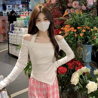 오프숄더 홀터넥 긴팔 티셔츠 여성 신상 슬림 크롭 이너탑