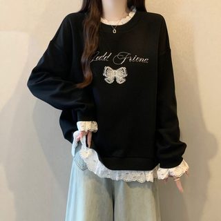 레이스 리본 가짜투피스 롱슬리브 티셔츠 여성 루즈핏 빅사이즈 라운드넥 가을 상의