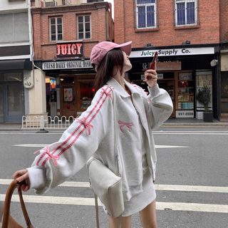 여성 리본 포인트 집업 긴팔 맨투맨 가디건 봄가을 루즈핏 POLO 카라 자수 상의