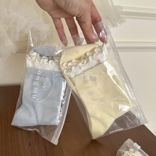 여성 프릴 하트 단추 배색 중목 루즈삭스 봄여름 얇은 코마면 양말