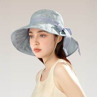 여성 여름 대챙 스트라이프 리본 선캡 조절식 자외선차단 썬캡 자전거용