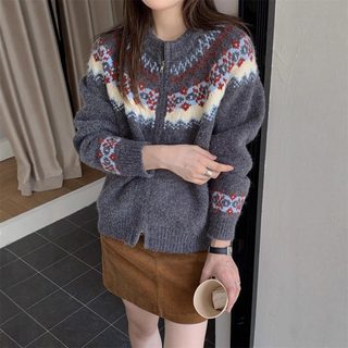 페어아일 자카드 후드 없는 여성 니트 가디건 집업 스웨터 아우터 루즈핏 레트로 라운드넥