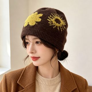 여성 겨울 니트 비니 폴라플리스 해바라기 배색 방풍 보온 무챙 털모자 56-58cm