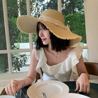 여성 밀짚모자 큰챙 리본 진주 여름 바캉스 해변 자외선차단 햇빛가리개