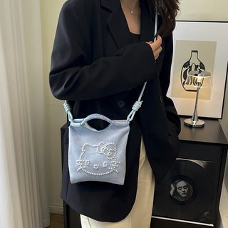KT 고양이 자수 여성 나일론 토트백 데일리 숄더 크로스백 중형 가방