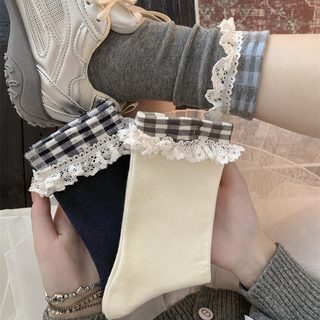여성 체크 레이스 중목 양말 빈티지 스트라이프 데일리 패션 양말