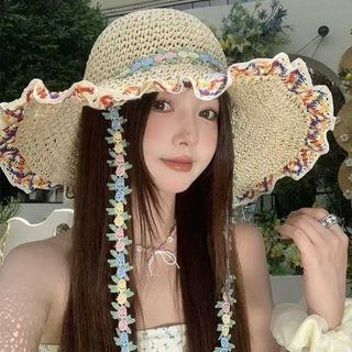 여성 대챙 밀짚모자 여름 해변 바캉스 민속풍 스트로햇 자외선 차단 썬캡