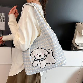 강아지 자수 체크 패브릭 숄더백 중형 데일리 토트백 마그네틱 잠금