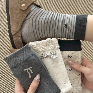 여성 리본 레이스 중목 양말 여름 얇은 주름양말 발레코어 데일리 양말