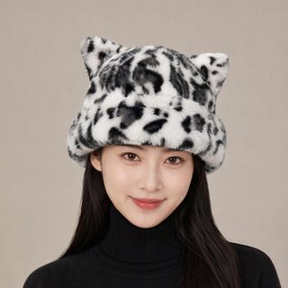 여성 레오파드 페이크밍크 털모자 겨울 방한 귀보온 라운드 니트모자