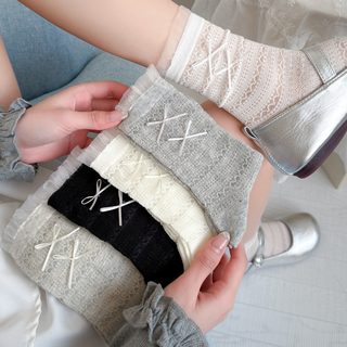 여성 레이스 리본 주름 중목 양말 봄여름 통기성 면양말 여학생 데일리 삭스