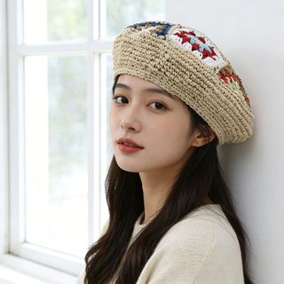 여성 크로셰 배색 베레모 빈티지 여름 선캡 보헤미안 문예 여행 모자