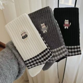 여성 레트로 체크 고양이 중목 양말 학생용 사계절 폴리코튼 혼방 캐주얼 양말