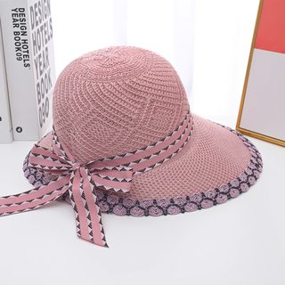 여성 여름 넓은 챙 레이스 밀짚모자 자외선 차단 썬캡 리본 포인트 통근용